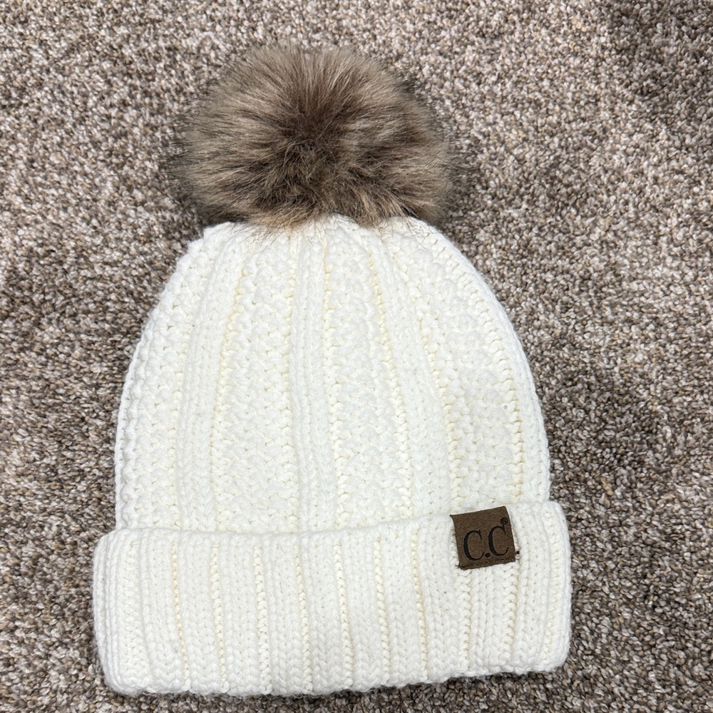 C.C Kids Cream Knit Beanie with Brown Pom